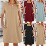 Solid Color Square Neck Short Sleeve Loose Pocket Dresses Wholesale Womens Clothing N3824052000097