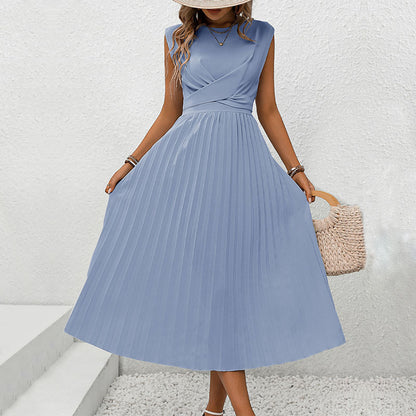 Solid Color Pleated Sleeveless Tie Maxi Dresses Wholesale Womens Clothing N3824050700026