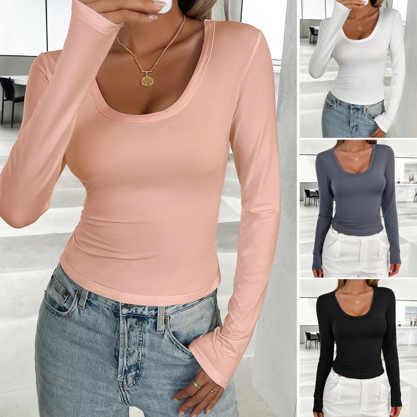 Slim Fit Solid Color U-Neck Long Sleeve T-Shirts Wholesale Womens Clothing N3824070500001