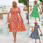 V-Neck Short-Sleeve Waisted Floral Print Dresses Wholesale Womens Clothing N3824041600042