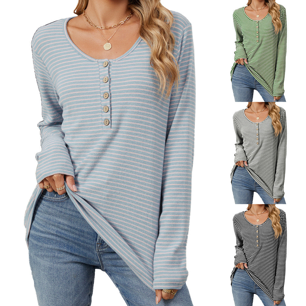 Round Neck Button Tops Loose Long Sleeve Striped T-Shirts Wholesale Womens Clothing N3824082300065