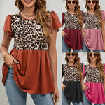 Women's Round Neck Patchwork Leopard Print Ruffle Sleeve T-Shirt Wholesale Womens Clothing N3824010500013