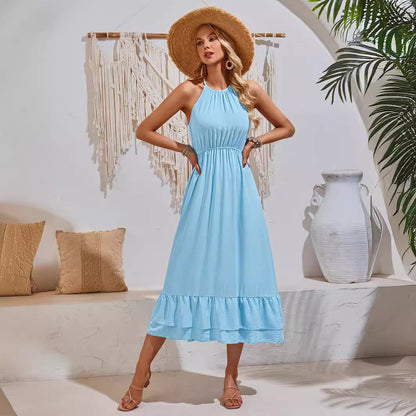 Solid Color Halter Neck Sleeveless Waist Dress Wholesale Womens Clothing N3824050700050