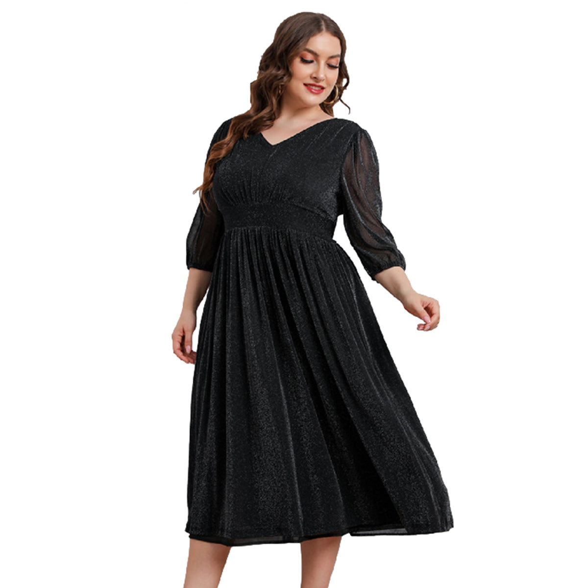 Plus Size V-Neck 3/4 Sleeves Mid-Length Mesh Dresses Wholesale Womens Clothing N3824080300021