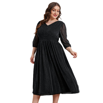 Plus Size V-Neck 3/4 Sleeves Mid-Length Mesh Dresses Wholesale Womens Clothing N3824080300021