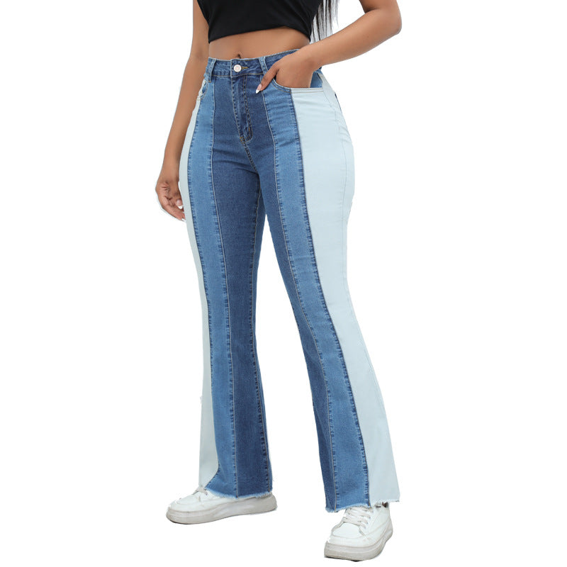 Stretch High Waist Color Block Flare Wide Leg Jeans Wholesale Womens Clothing
