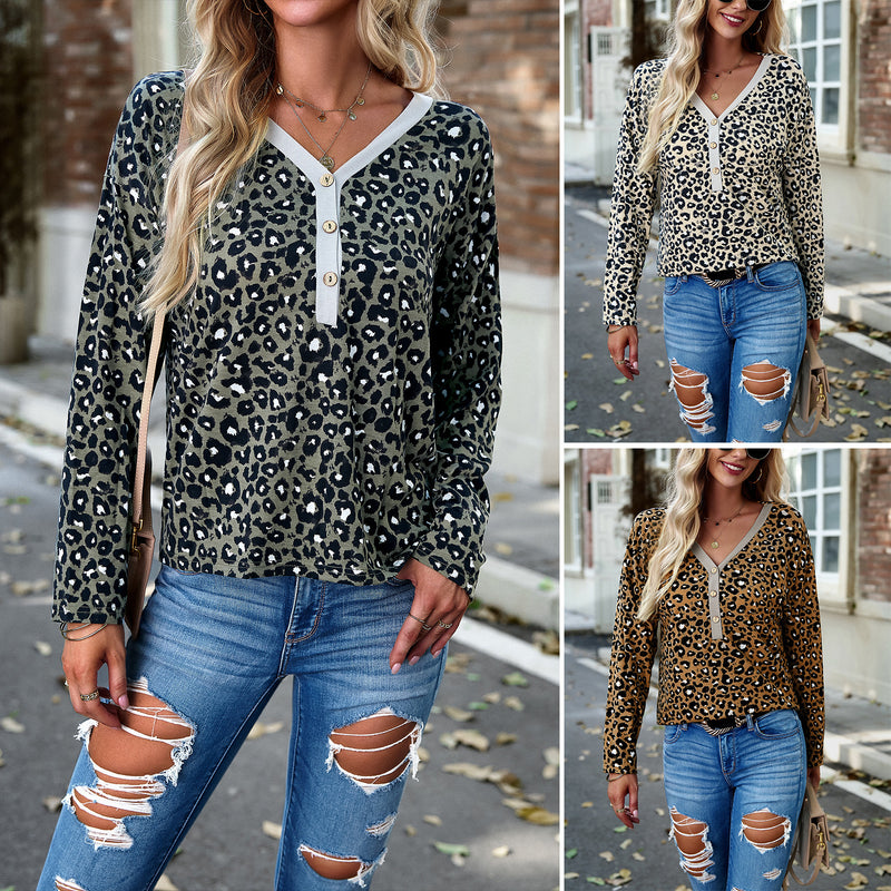 Elegant V-Neck Leopard Print Long Sleeve Knit Top Wholesale Womens Tops