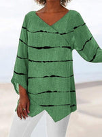 Wholesale Plus Size Clothing Casual Striped Double V-Neck Long Sleeve T-Shirt