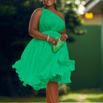 One-Shoulder Solid Color Ruffle Trim Dress Wholesale Plus Size Womens Clothing N3823112300112