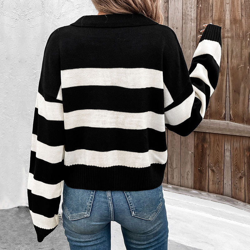 Long Sleeve Lapel Striped Sweater Wholesale Womens Clothing N3824080900001