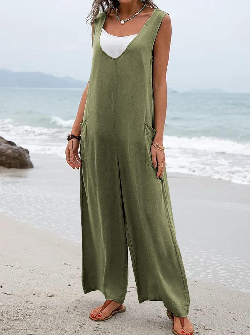 Solid Color Patch Pocket Fashion Jumpsuit V Neck Overalls Wholesale Womens Clothing N3824040700331