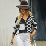 Casual Checkerboard Patchwork Knit Cardigan Jacket Wholesale Womens Clothing