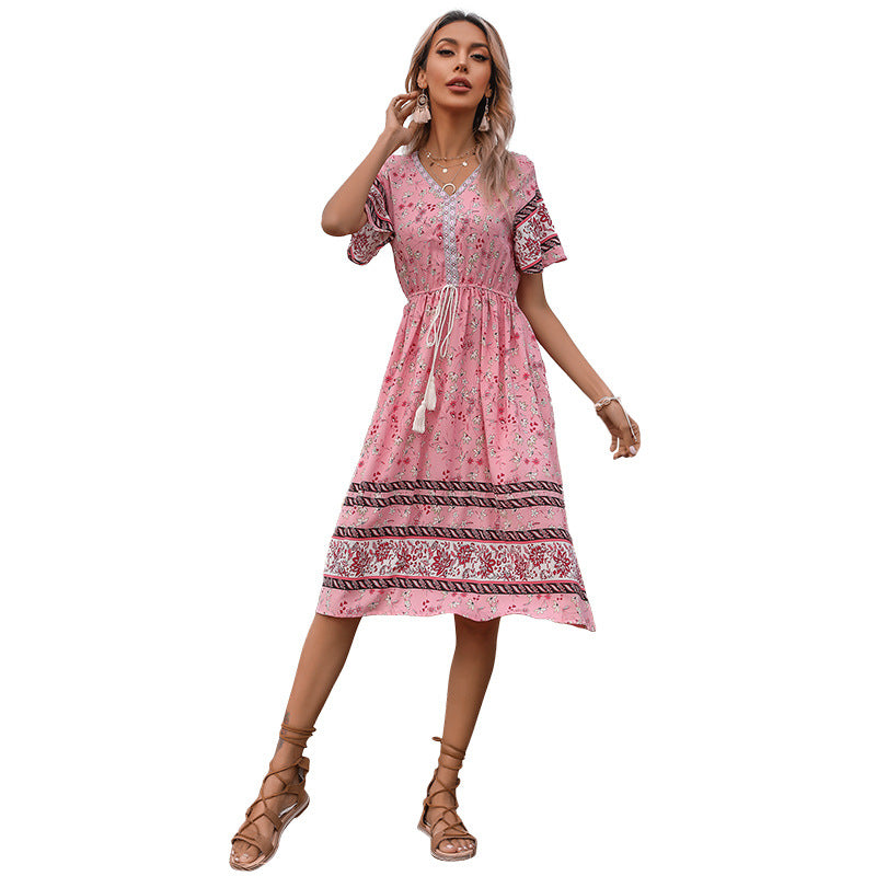 Retro Women's Pink Slim V-Neck Floral Dresses Wholesale Womens Clothing N3824022600098