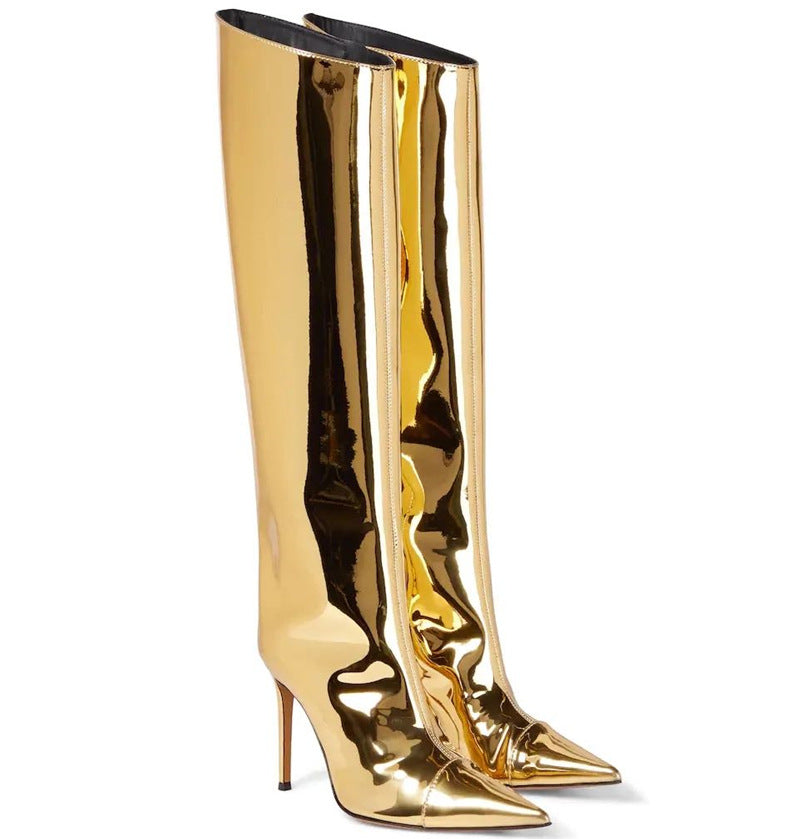 High-Heel Pointed-Toe Illusion Patent Leather Fashion Boots Wholesale Women'S Clothing