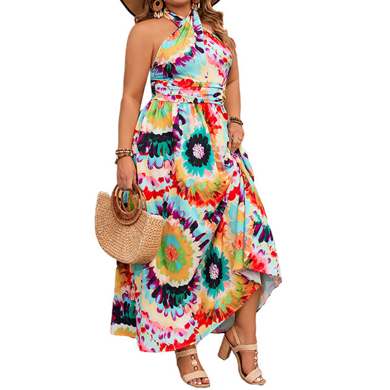 Plus Size Halter Sleeveless Loose Dress Boho Vacation Beach Wholesale Plus Size Womens Clothing N3824052500004