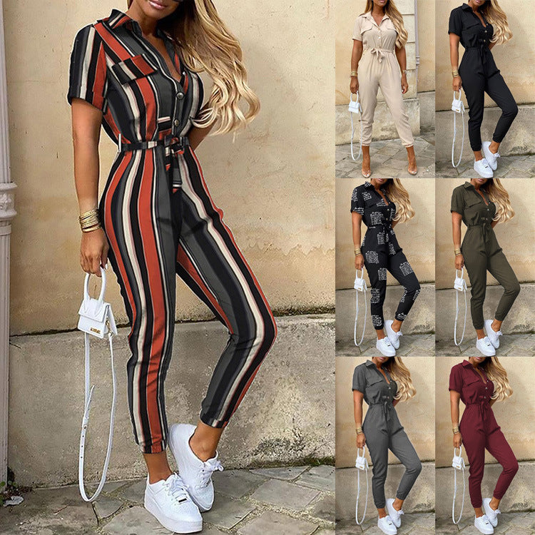 Casual Lapel Buckle Printed Belt Workwear Jumpsuit Wholesale Jumpsuits