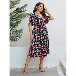 Fashion Short-Sleeved V-Neck Floral Print Waist-Skimming Dress Wholesale Plus Size Clothing