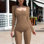 Solid Color Long Sleeve Ribbed Square Neck Backless Athletic Jumpsuit Wholesale Womens Clothing N3823112200041