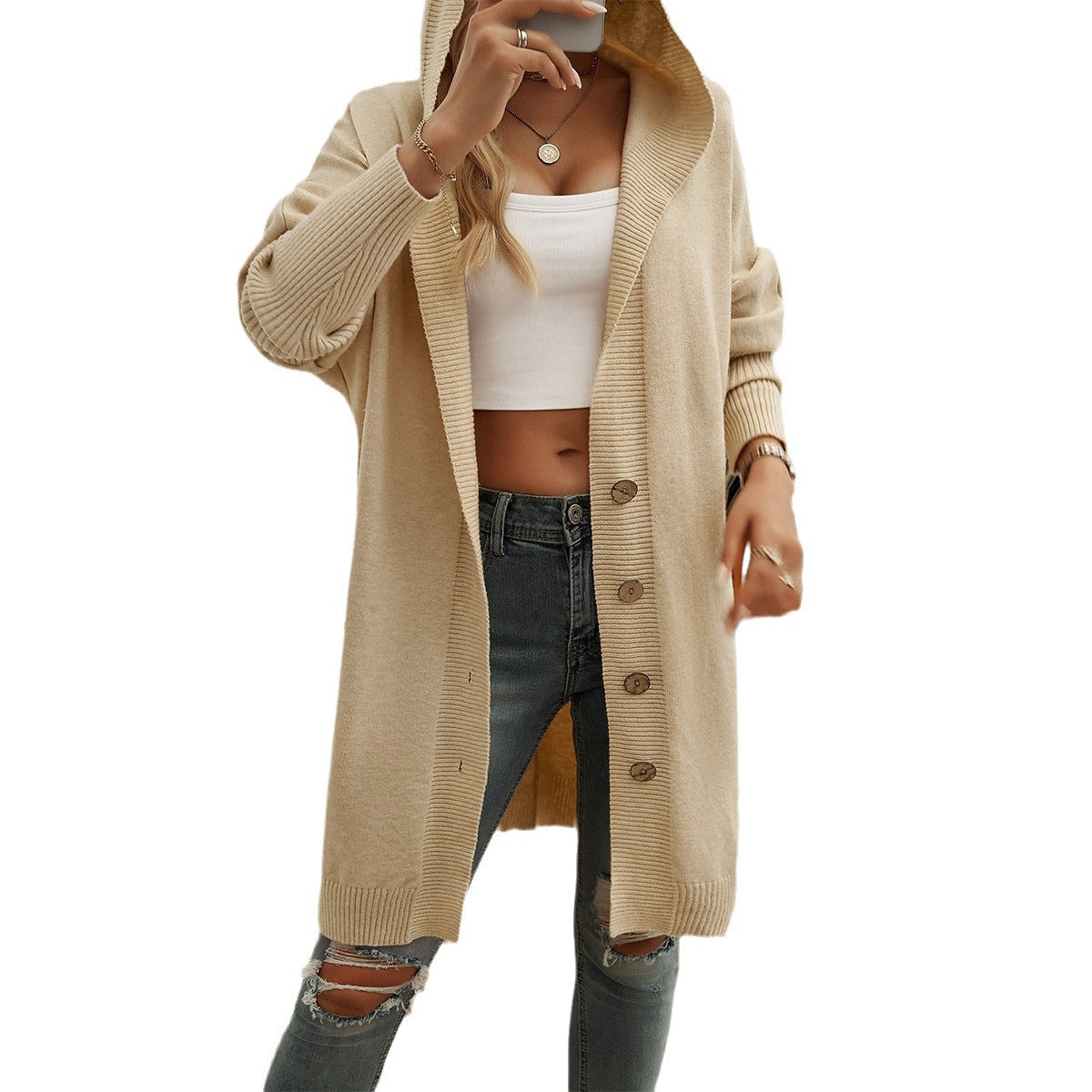 Casual Loose Cardigan Button-Down Hooded Sweater Jackets Wholesale Womens Clothing N3824073100086