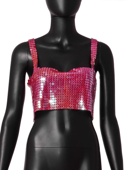 Sexy Metallic Sequins Backless Neck Crop Top Wholesale Womens Tops