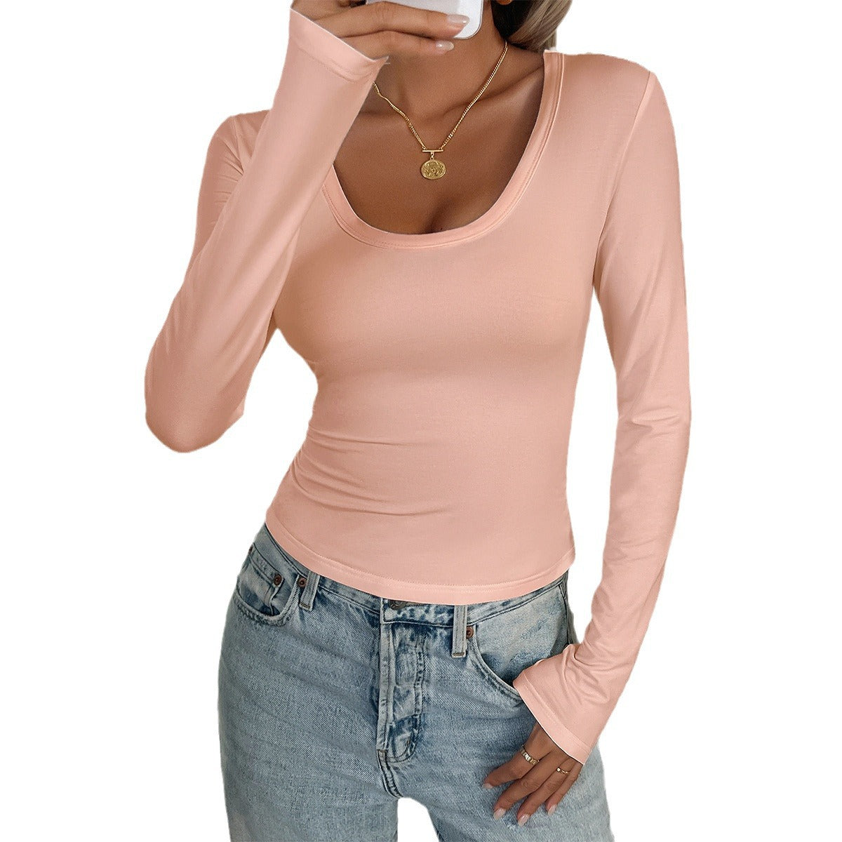 Slim Fit Solid Color U-Neck Long Sleeve T-Shirts Wholesale Womens Clothing N3824070500001