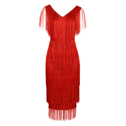 Fashion V-Neck Sleeveless High Waist Mid-Length Fringe Hip Dress Wholesale Dresses