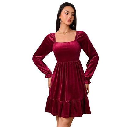 Square Neck Velvet Burgundy Dresses Wholesale Womens Clothing N3824110900026