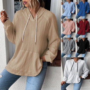 Casual Solid Long Sleeve Jacquard Patch Pocket Hooded Sweatshirt Wholesale Womens Tops