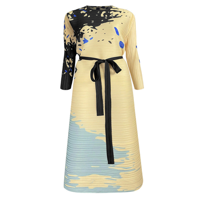 Fashion Printed Round Neck Long Sleeve Pleated Dress Wholesale Dresses