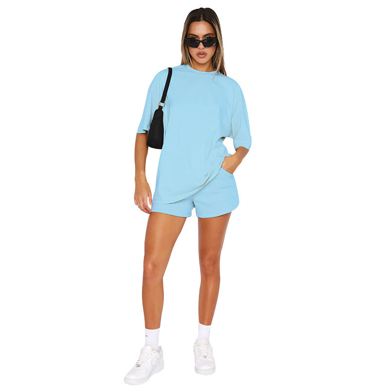 Solid Color Crew Neck Pullover Mid-Sleeve Top And Shorts Wholesale Womens 2 Piece Sets N3823103000035