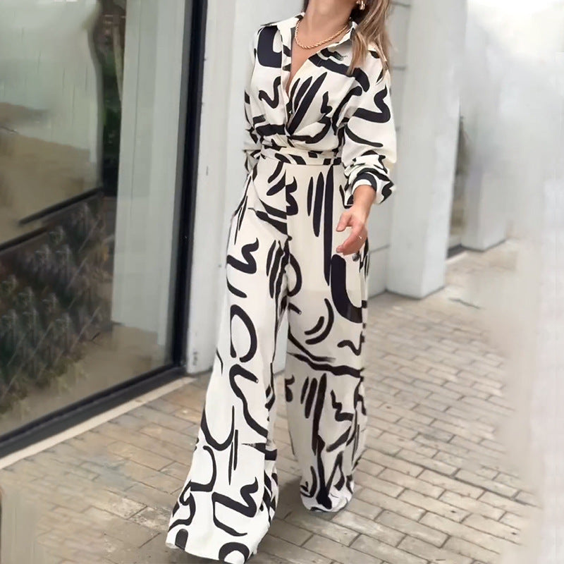 Fashion Casual Printed Lapel Long Sleeve Jumpsuit Wholesale Womens Clothing N3824090300006