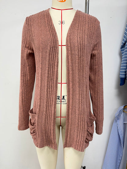 Solid Color Striped Brushed Pocket Cardigan Long Sleeve Sweater Wholesale Womens Clothing N3824072900052