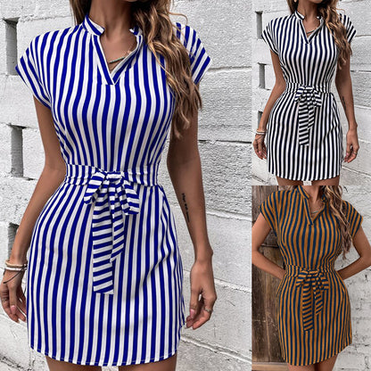 Sleeveless Striped Tie Lapel Dresses Wholesale Womens Clothing N3824080900023