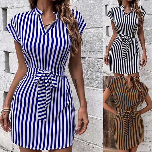 Sleeveless Striped Tie Lapel Dresses Wholesale Womens Clothing N3824080900023