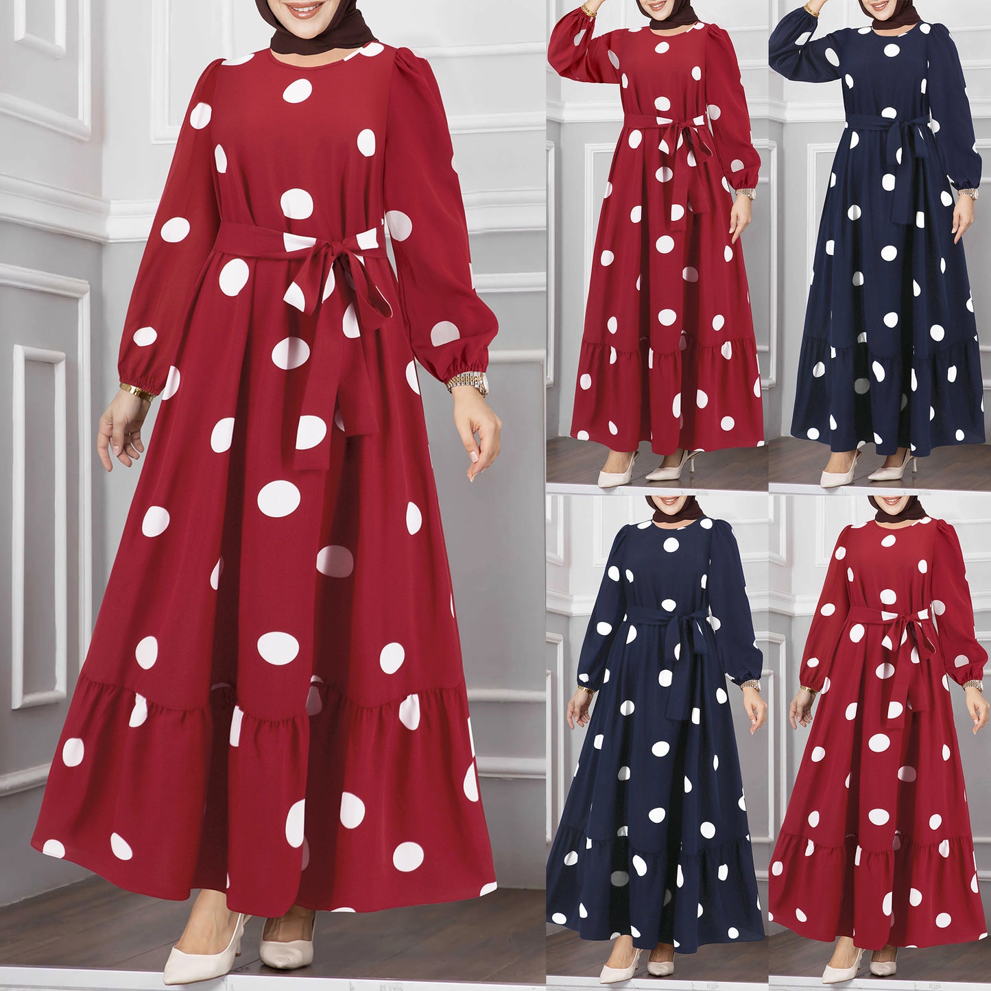 Polka Dot Slim Long Sleeve Maxi Dresses Spring Fall Wholesale Womens Clothing N3824072000242