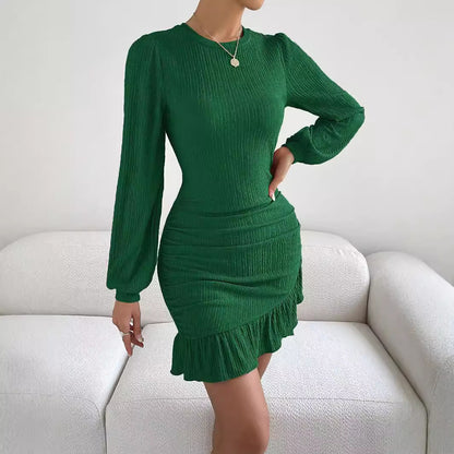 Knitted Long Sleeve Slim Fit Hip Round Neck Ruffle Dresses Wholesale Womens Clothing N3824091090091