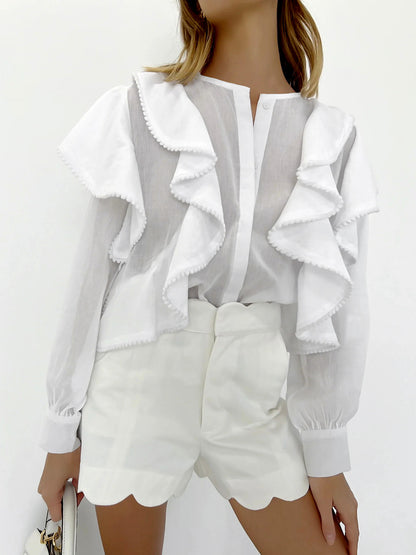 All-Match Solid Color Button-Down Round Neck Ruffled Long-Sleeved Shirt Wholesale Women'S Top