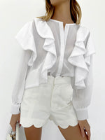 All-Match Solid Color Button-Down Round Neck Ruffled Long-Sleeved Shirt Wholesale Women'S Top