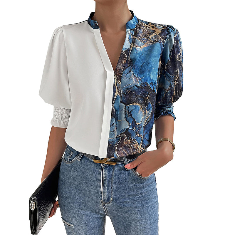 Elegant Bubble Sleeve Color Blocking Print V-Neck Top Wholesale Womens Tops