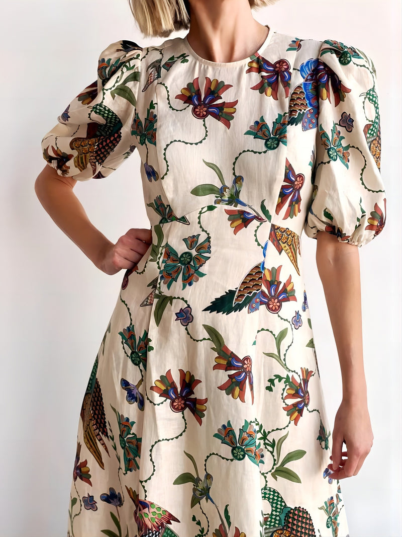 Fashion Bird Print Short Sleeve Round Neck Dress Wholesale Dresses