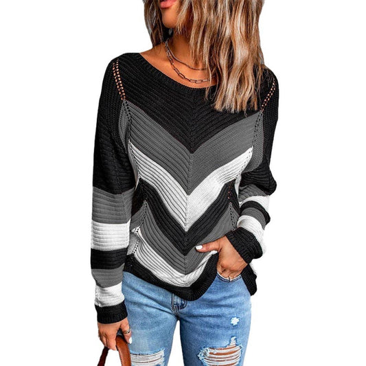 Fashion Color Blocking Loose Pullover Knit Sweater Wholesale Womens Tops