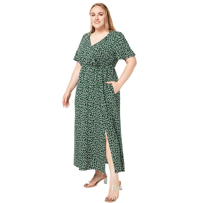 Plus Size V-Neck Short Sleeve Slit Print Pocket Bohemian Beach Dresses Wholesale Womens Clothing N3824080300029