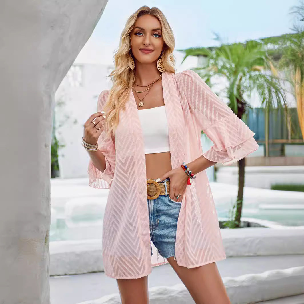 Solid Color Loose Double Ruffle Sleeve Cardigan Shirts Wholesale Womens Clothing N3824050700043