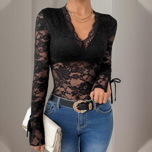 Lace Panel Long Sleeve V Neck Bodysuit Wholesale Womens Clothing N3824091200052