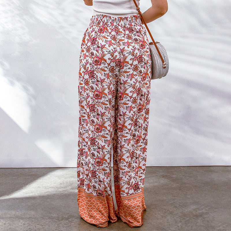 High Waist Floral Print Pleated Casual Wide Leg Pants Wholesale Women'S Bottom