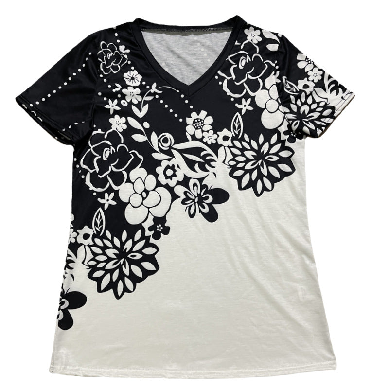 Floral Print Casual V-Neck Short Sleeve T-Shirt Wholesale Womens Clothing N3824022600054