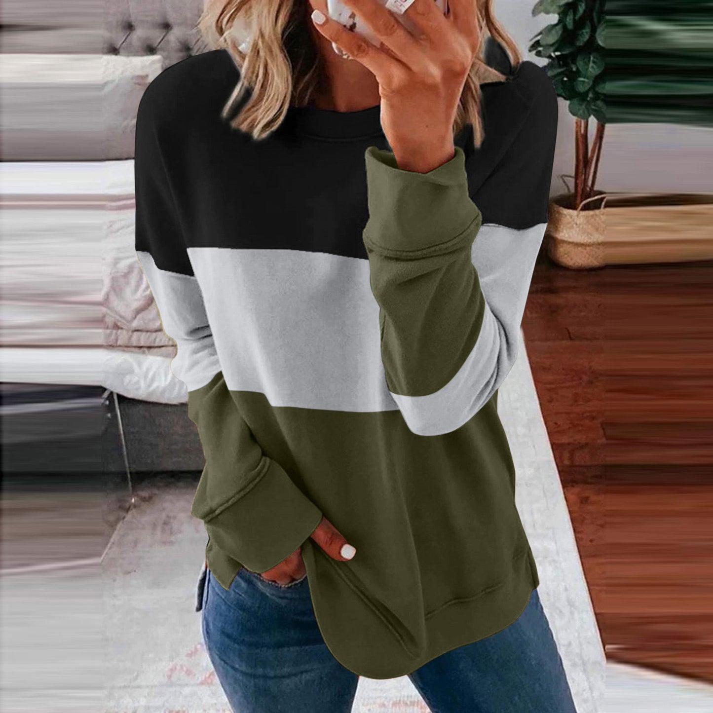 Patchwork Clash Top Drop Shoulder Long Sleeve Casual Pullover Sweatshirt Wholesale Womens Tops N3824091200004