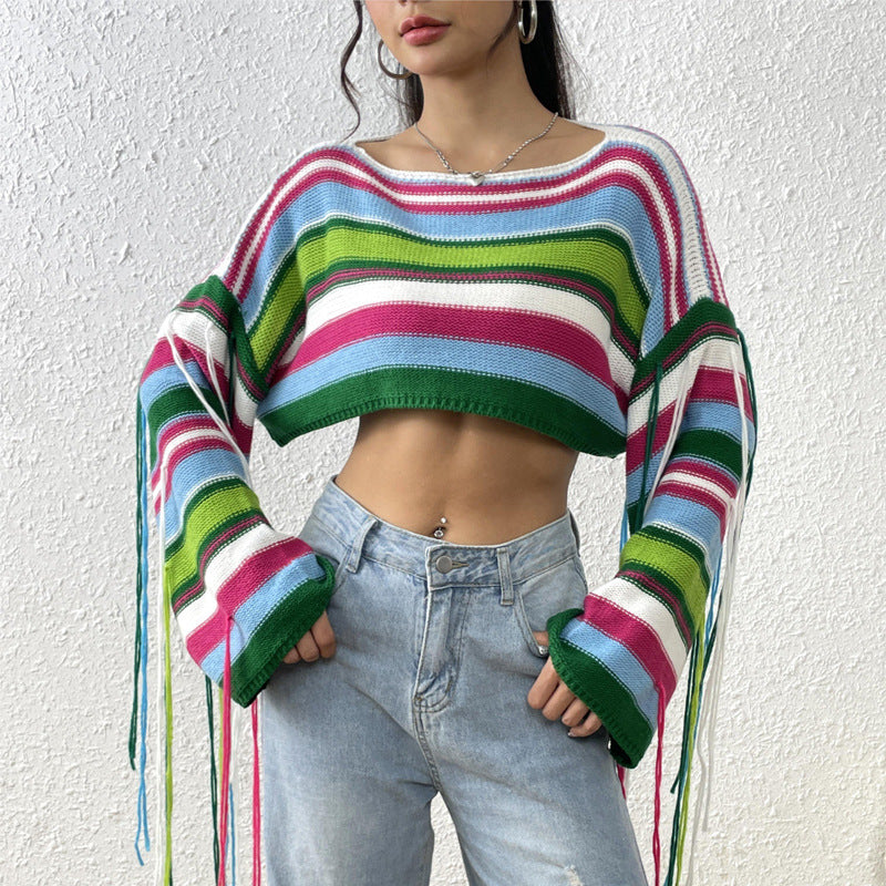 Rainbow Striped Fringed Knitted Sweater Cropped Loose Wholesale Womens Clothing N3823110200035