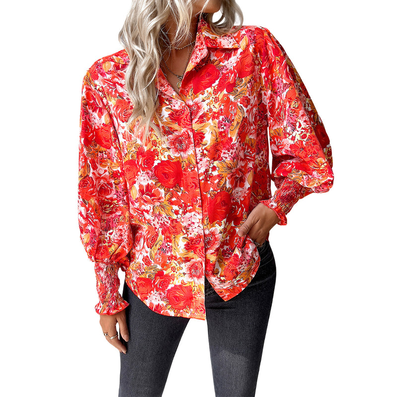 Floral Lantern Sleeve Lapel Cardigan Shirt Wholesale Women Tops N3823092300004