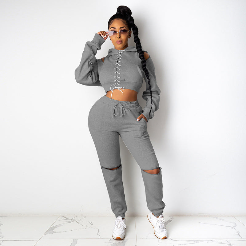 Cut Out Sleeve Lace-Up Sweatshirt & Pants Two Piece Set Wholesale Womens Clothing N3823102000132